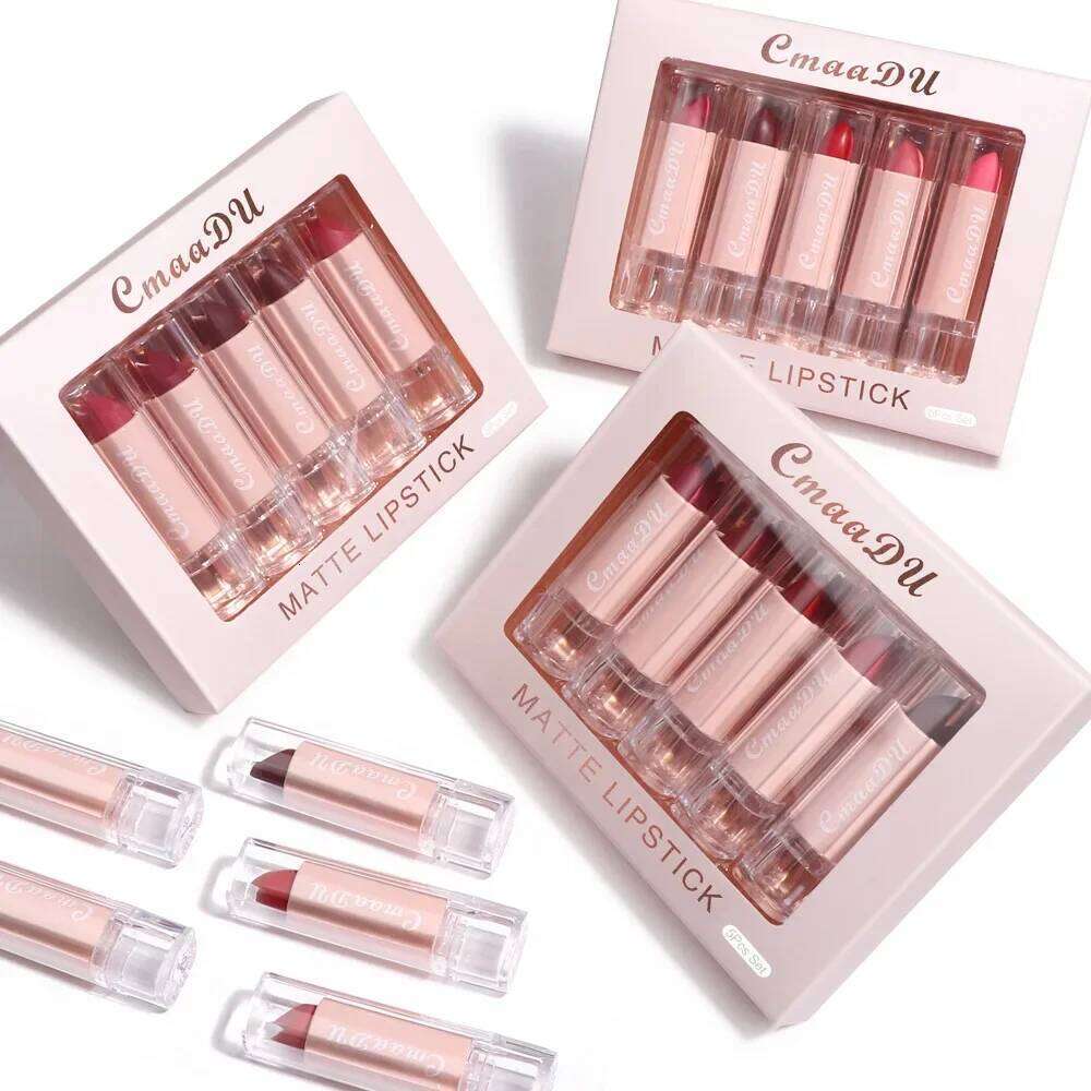 5pcs CmaaDu Matte Velvet Lipstick Set - Long-Lasting Waterproof Red Nude Lipsticks Collection Non-Stick Cup Makeup Cosmetics W260311