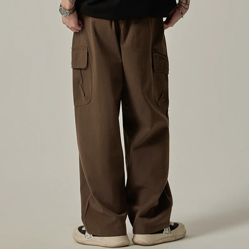 Mens Sweatpants Spring Autumn Vintage Japanese Wide Leg Straight Loose Button Big Pockets Cargo Pants Drawstring Trousers 260311