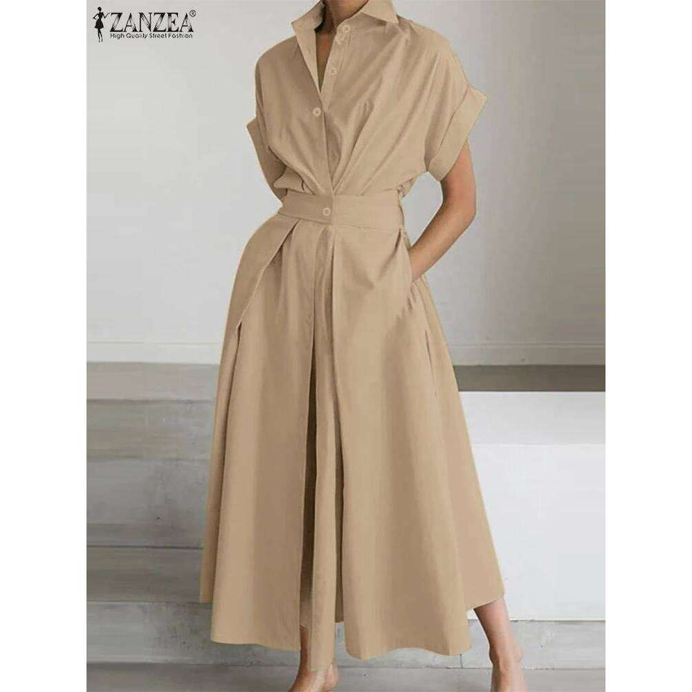 ZANZEA Women Summer Dress Elegant Short Sleeve Work OL Sundress Casual Solid A Line Buttons Holiday Vestidos Kaftan Robe Femme C260312