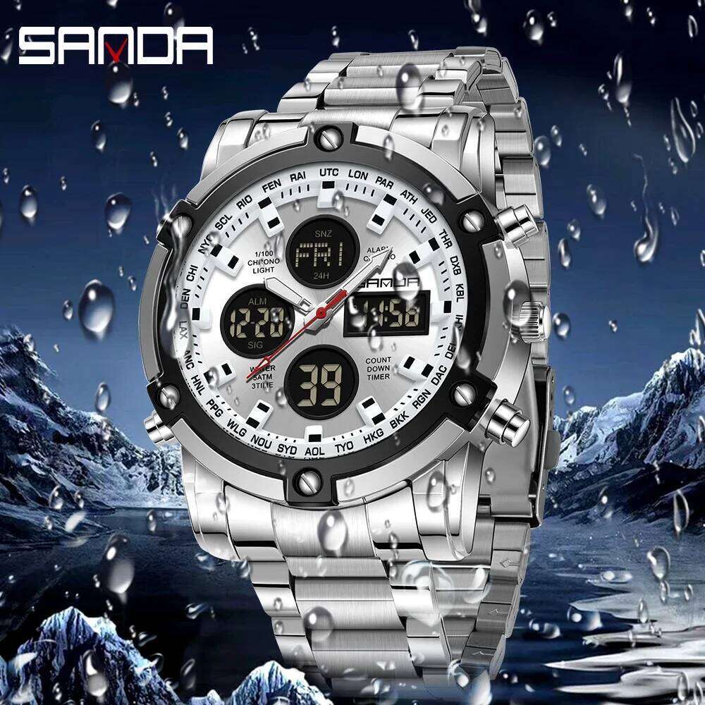 SANDA 3394 Waterproof Shock Resistant Outdoor Sports Chronograph Wristwatch New Design For Men Stainless Steel Strap Alarm Mode