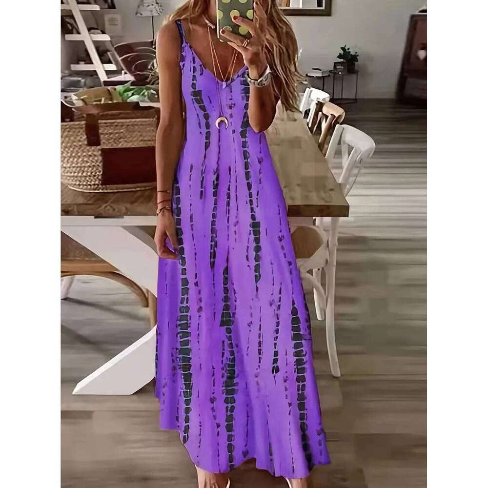 Women's Casual Loose V-neck Tie Dye Printed Spaghetti Maxi Summer Beach Vacation Long Dress C260312