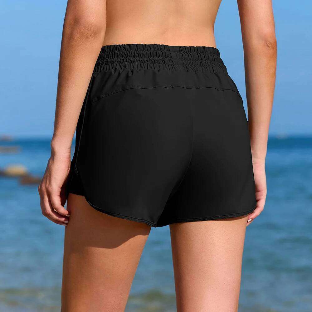 Anfilia Women Swim Drawstrings with Hidden Zipper Side Pockets Built In Boxer Solid High Waist Board Shorts Z260312