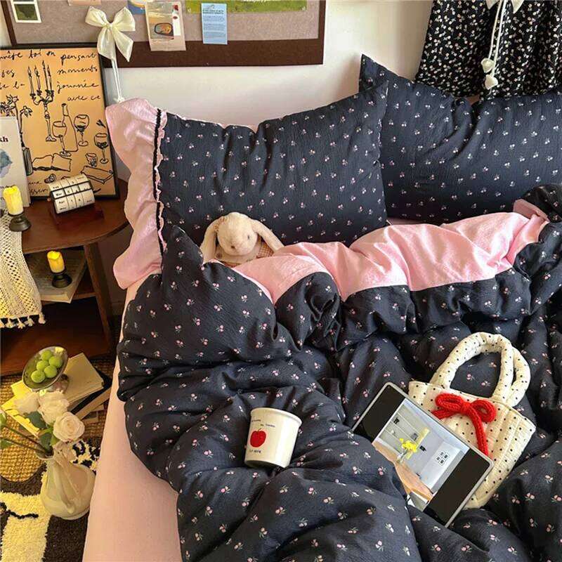 Korean Bedding Set Quilt Cover Pillowcase Flat Bed Sheet Girl Princess Ruffle Home Textile Christmas H260312