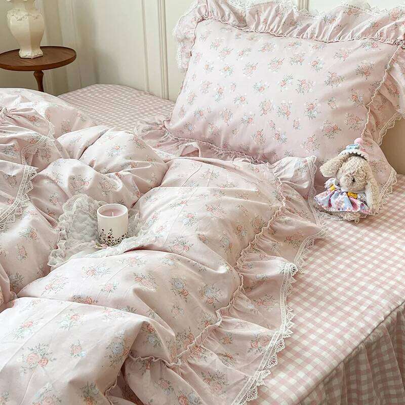 Korean Princess Style Ruffles Flower Print Bedding Duvet Cover Set Bed Skirt Bedspread Pillowcases 100% Cotton Home Textile H260312