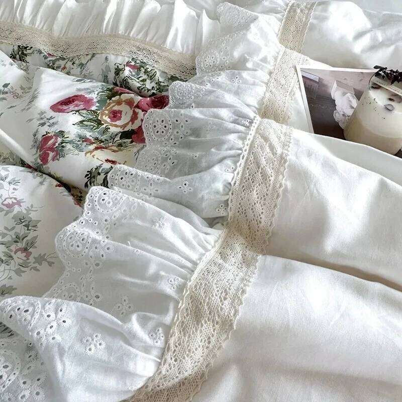 Ruffle patchwork 3Pcs Floral 100%cotton White Duvet Cover Set +2Pillowcases US/UK Super King size Bedding Sets H260312