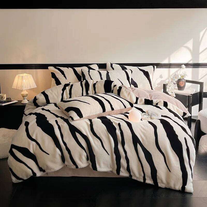 2025 New Zebra Pattern Warm Rabbit Four-piece Set Winter Milk Thickened Quilt Cover Sheet Double-sided Fleece H260312