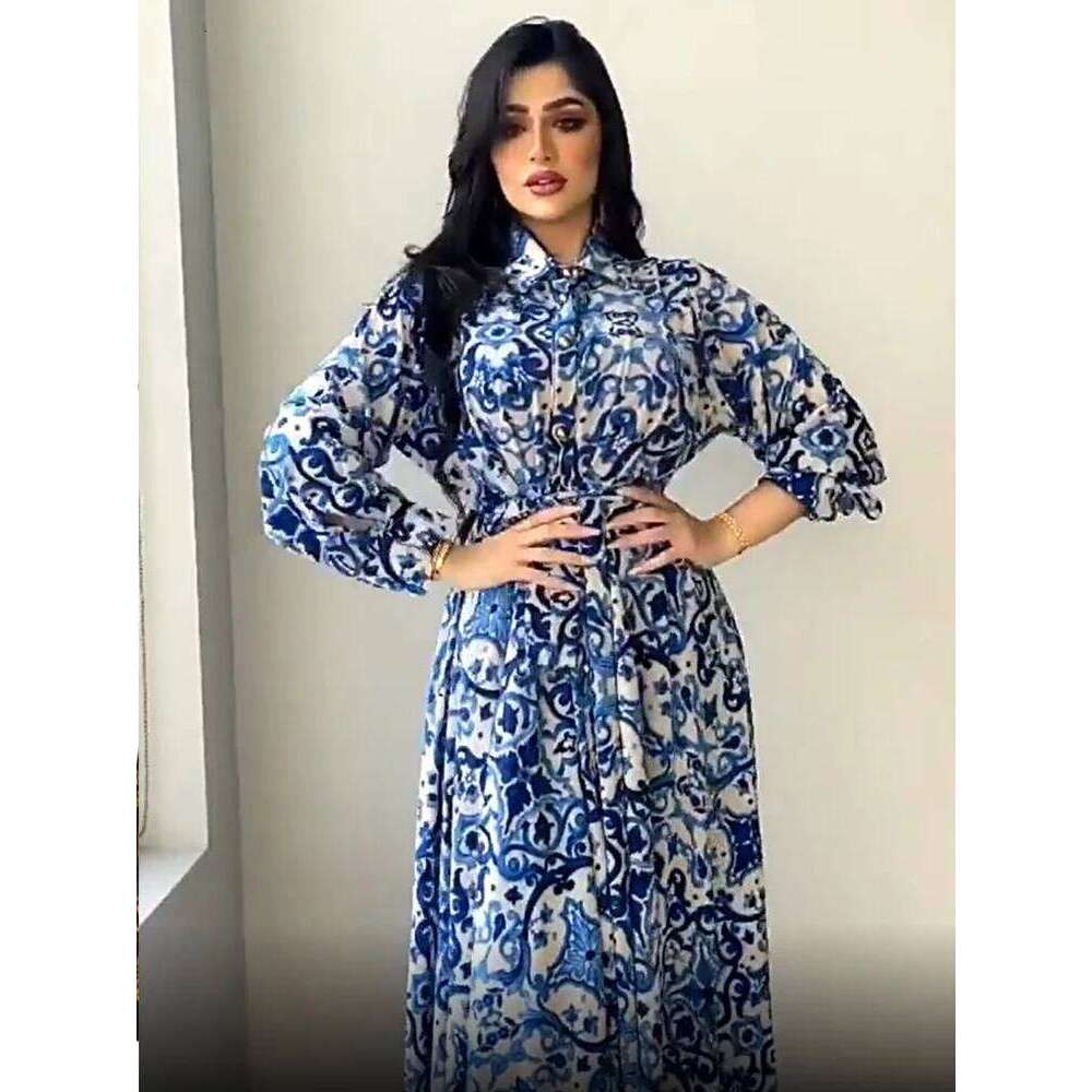 Women Fashion Elegant Printed A-line Shirt Dress, Casual Lapel Belted Large Swing Long Dress for Ladies