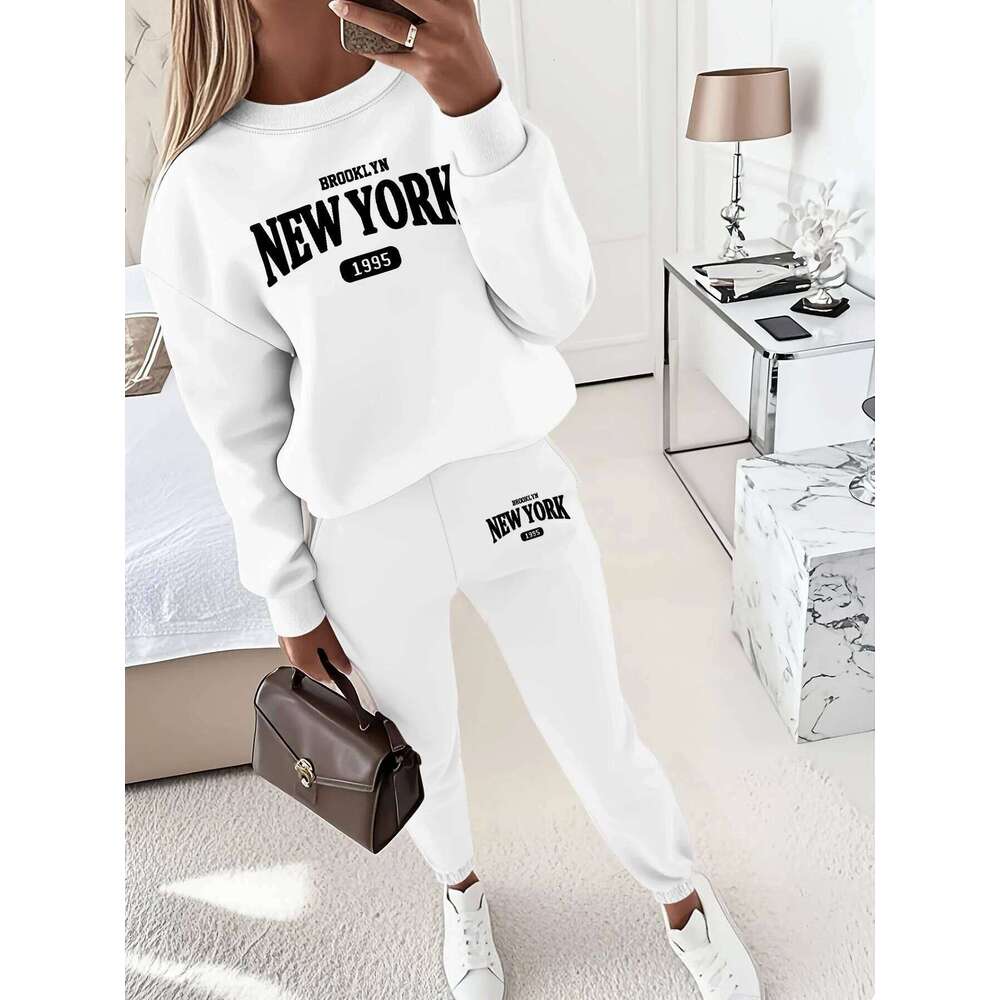 New York Print Two piece Set Kangaroo Women's Casual Fashion Round Neck Solid Color Long Sleeves Sweatshirt, C260312