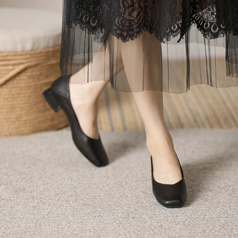 Woman Elegant Square Toe Concise Black 4CM High Heel Female Shallow Retro Mary Janes Comfortable Cute Loafers Lolita Shoes 260306