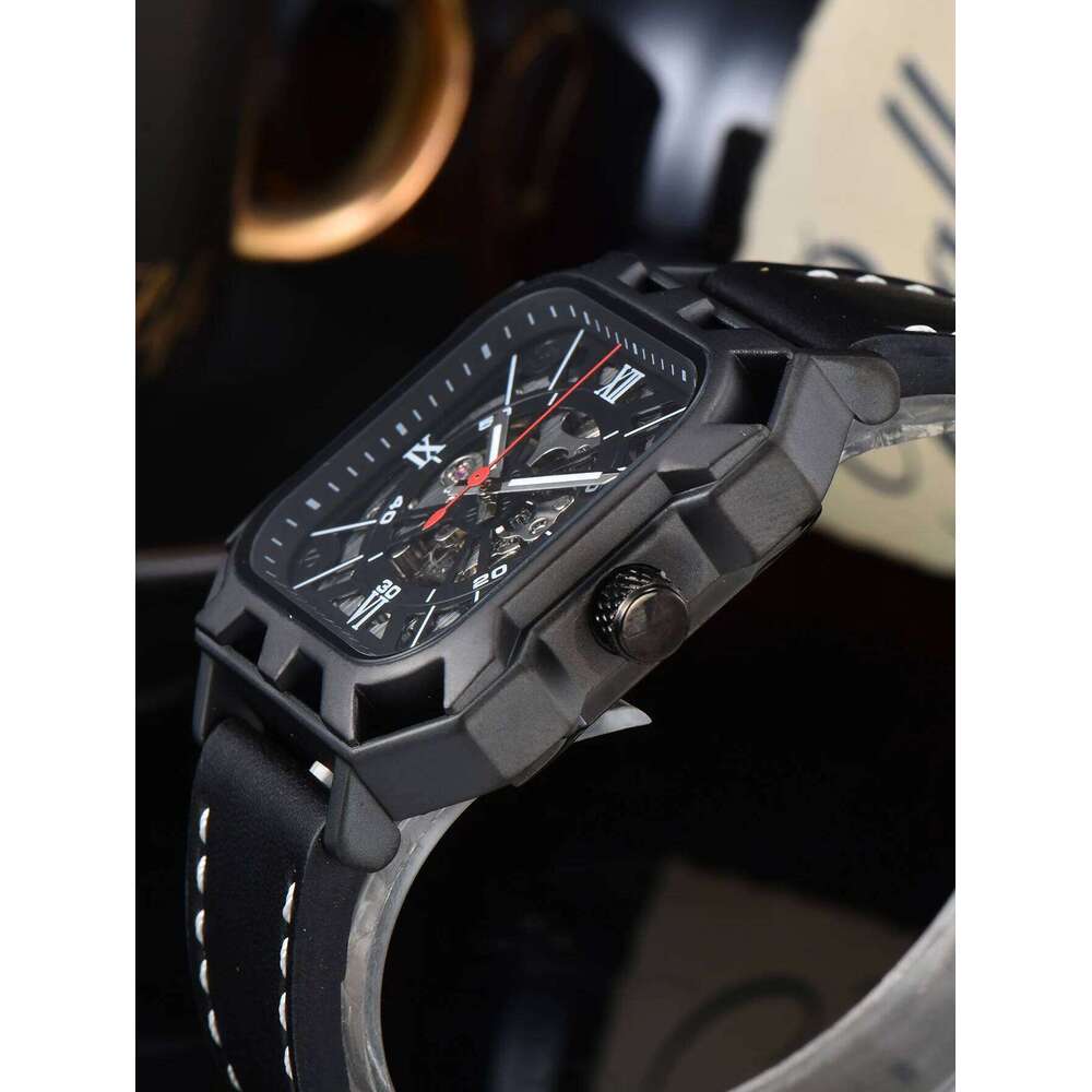 LONGLUX automatic business cool wholesale mechanical wristwatches hollow no logo black leather mens watch men gift