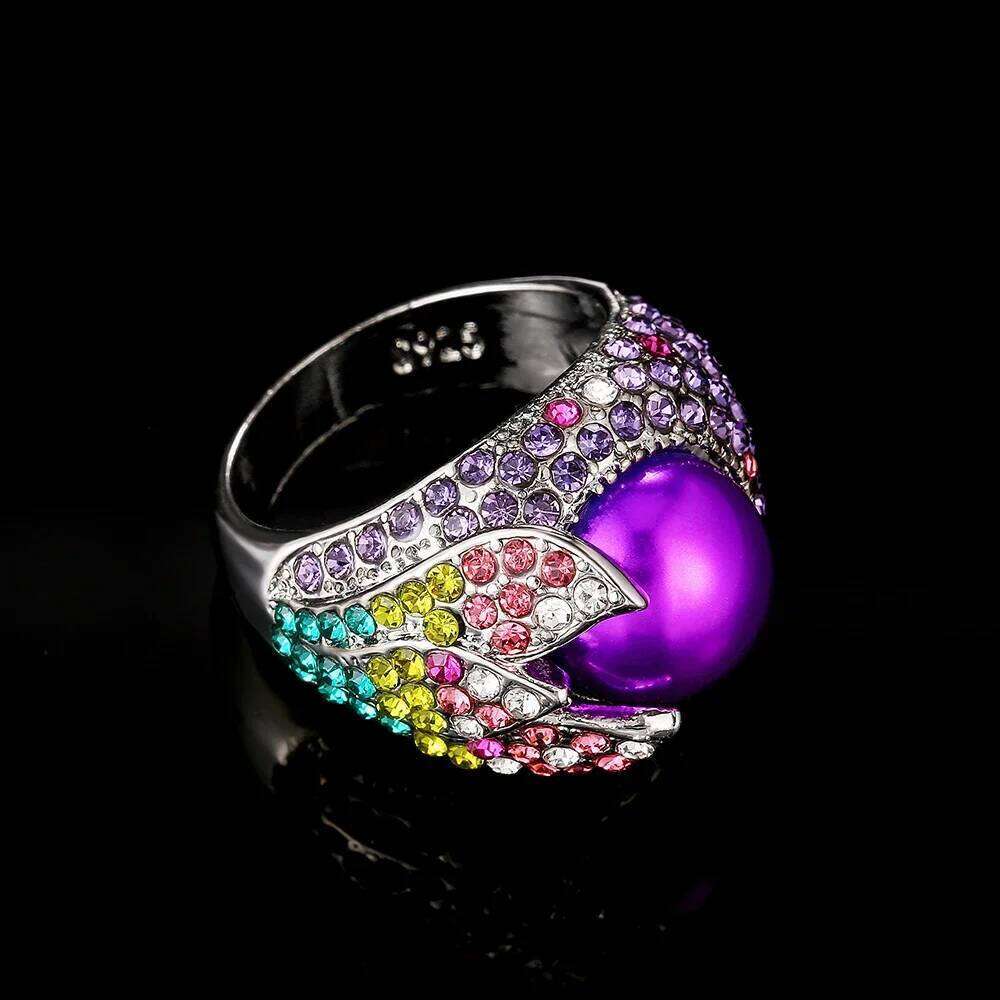 Huitan Gorgeous Colorful Cubic Zircon Violet Imitation Pearl Rings for Women Dance Party Delicate Gift Ring Lady Fashion Jewelry H260312