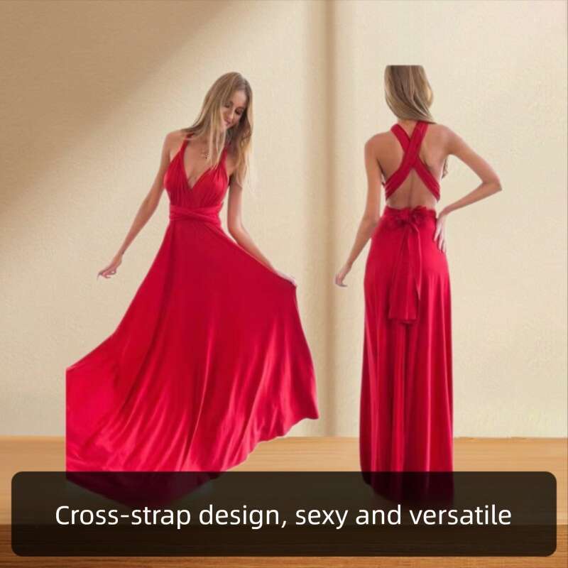 New Cross-Border European And American Style Solid Color Versatile Sexy Tie Red Long Gown Bridesmaid Dress