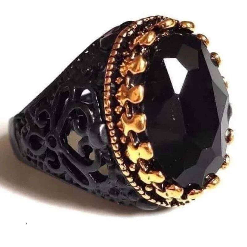 New Copper Material Open Adjustable Ring Black Gemstone Personality High Jewelry Fashion Business Suitable for Men Gift H260312