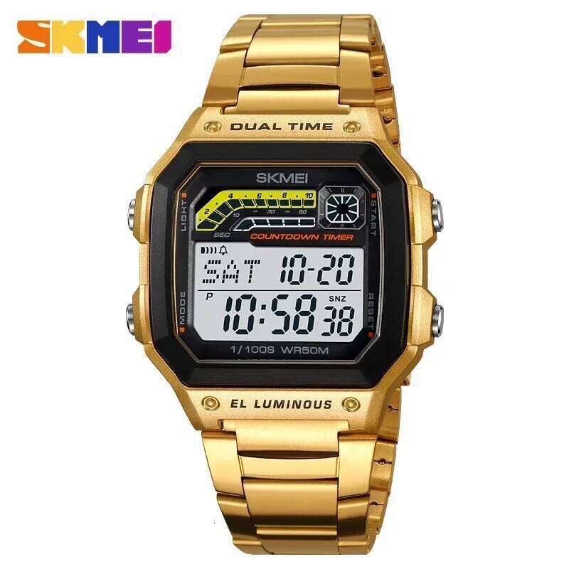 SKMEI 2307 Luxury Countdown LED Display Stainless Steel Mens Wristwatches Waterproof Sports Digital Watch for Men Shockproof