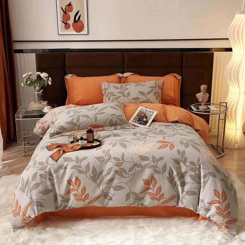 Autumn and winter polished bedding four-piece set of pure printed sheets quilt cover combed cotton thickened H260312