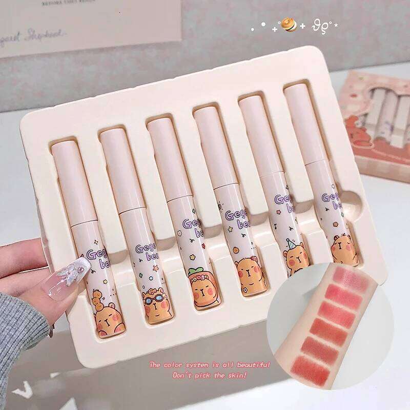 7 PCS Mud Set Kawaii Capybaras Velvet Nude Lipstick Matte Texture Silky Easy to Color Long-lasting Lip Glaze Makeup W260311