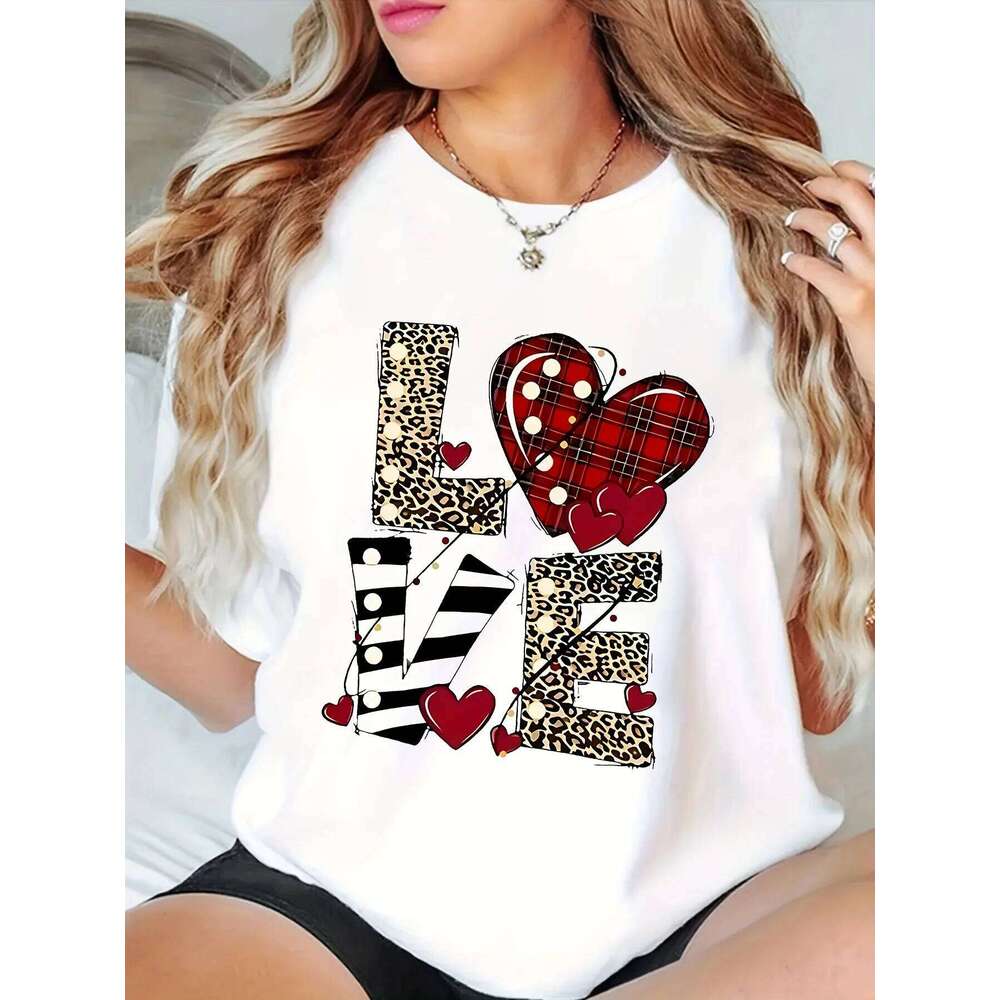 Women's Spotted Striped Love Valentine's Day Targeted Print, 100% Cotton Regular Fit Short Sleeve Round Neck Casual Top Z260312
