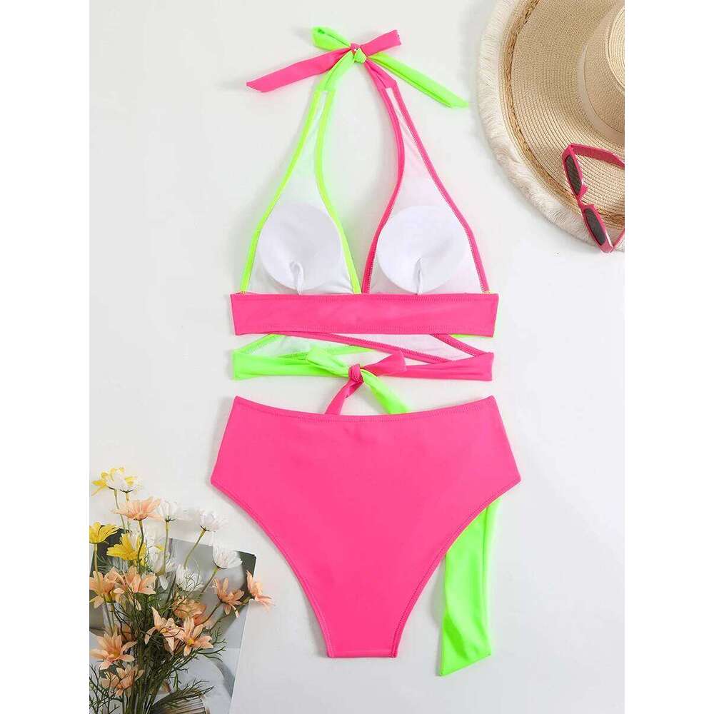 Sexy Criss Cross Bikini Women Swimsuit 2025 High Waist Swimwear Halter Bikinis Sets Female Bathing Suits Swimming for Beach Wear Y260303
