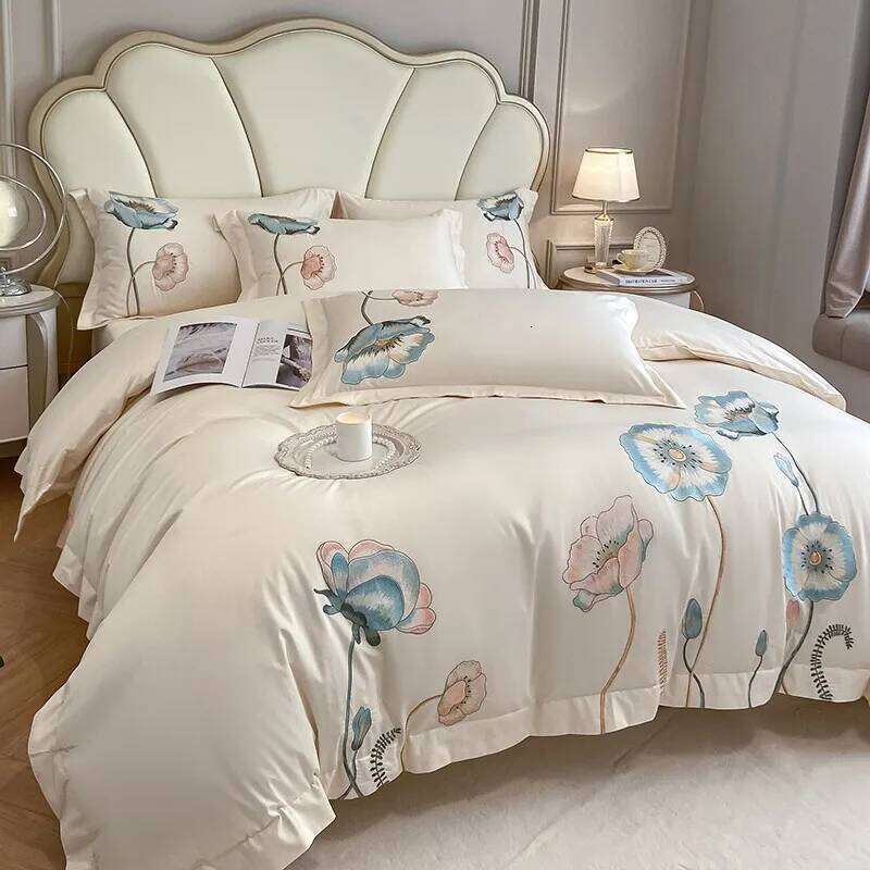 Chic Embroidery Blooming Beige Duvet Cover 100%Cotton Soft Comfy Beddng set Bed Sheet Pillowcases Double Queen King 4Pcs H260312