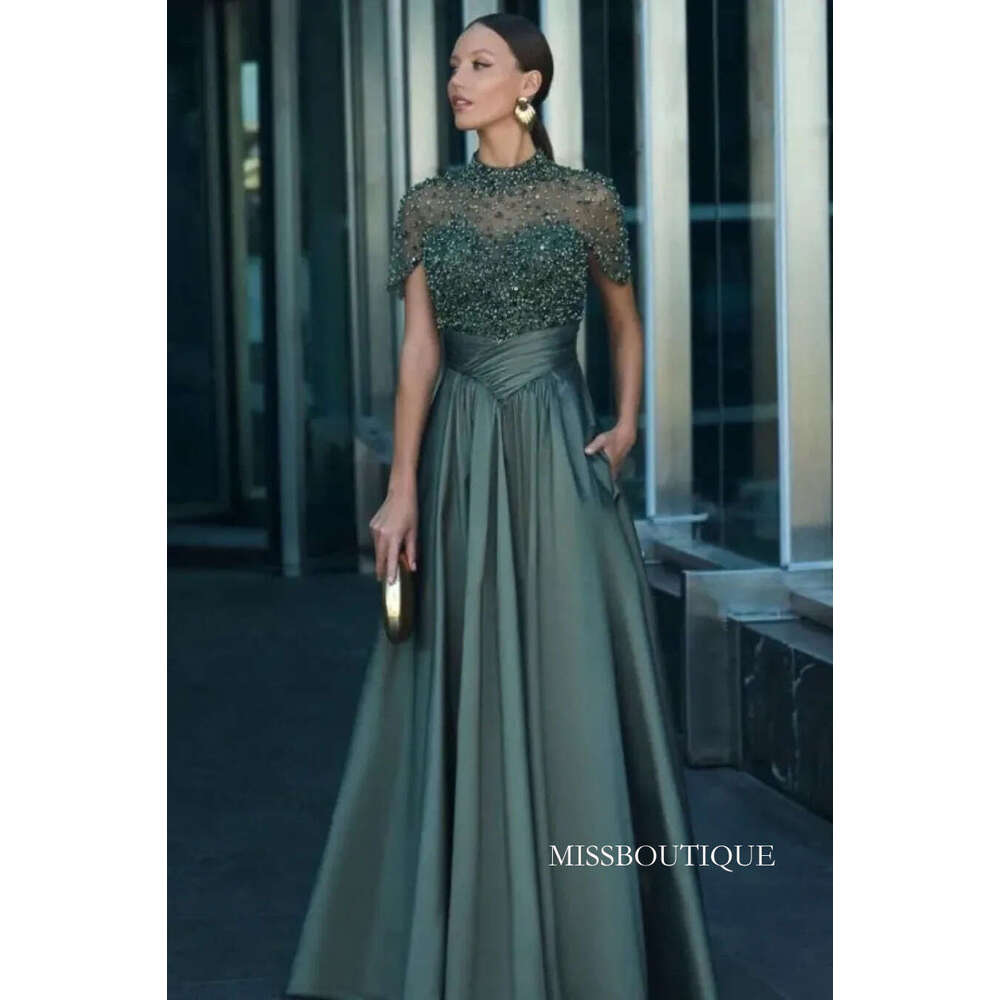 Luxury Beading Embrodiery Evening High Neck Cap Sleeve Women Formal Party Guest Outfit Pleats A Line Long Prom Dress With Pocket Bc19372 B0312