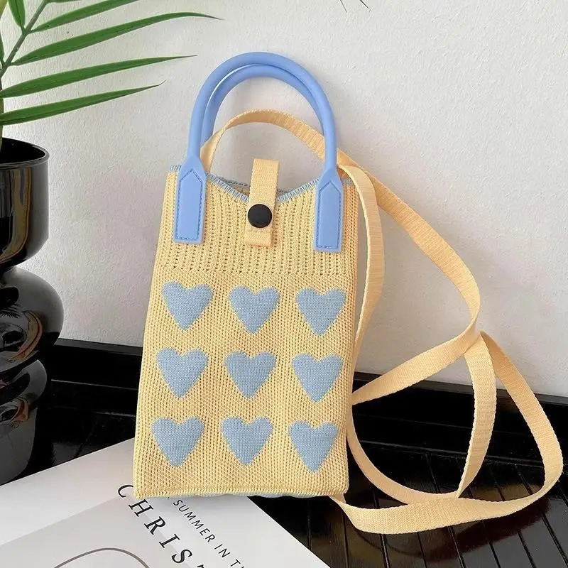 SXH 1Pcs Girls Cute Outdoor Crossbody Bags Korean Fashion Heart Knitted Mini Square Handbag For Women Small Phone Shoulder Bag 260227