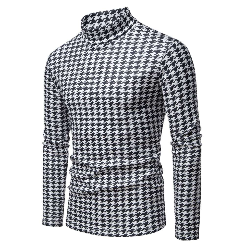 Spring and Autumn Turtleneck Houndstooth Fleece Pullover Fashion Casual High Elasticity All-match Men's Shirt