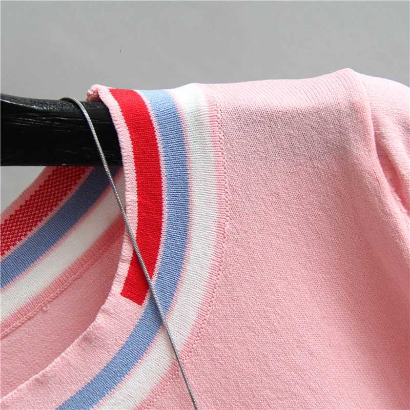 Casual Tees Women Knitting Tops patchwork short sleeve Ladies Shirts Summer sweaters Female Pullovers Pink White LooseT260312