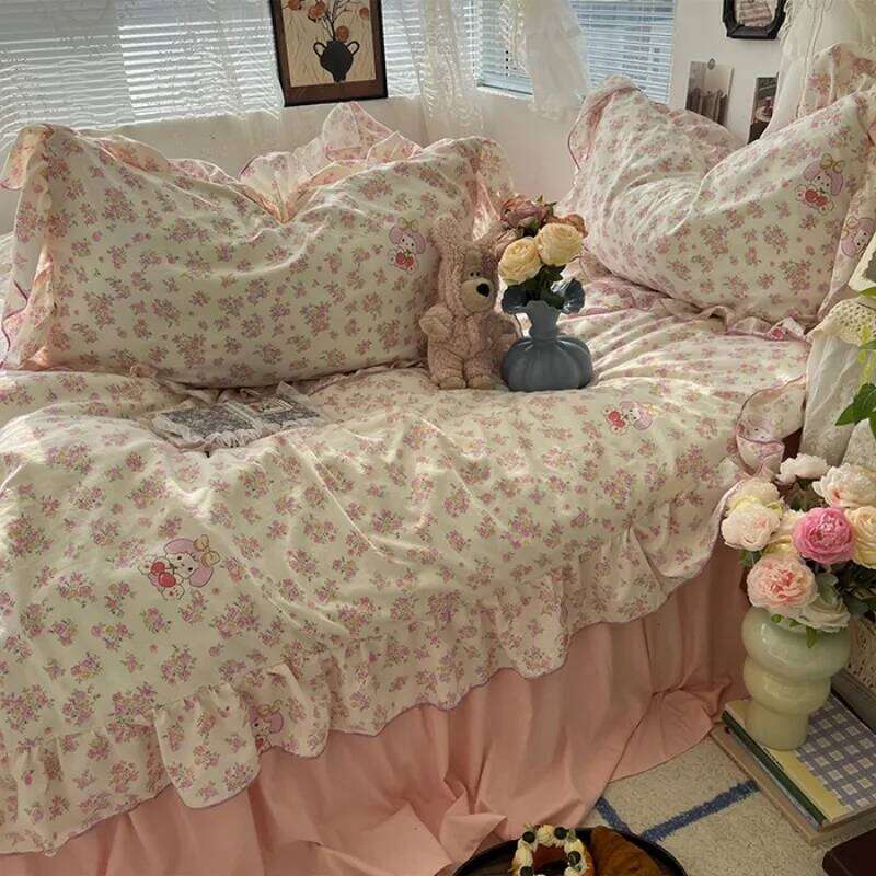 2025 New Korean Small Flower Wash Cotton Four Piece Princess Style Lace Bedding Set 4pcs bed skirt style H260312