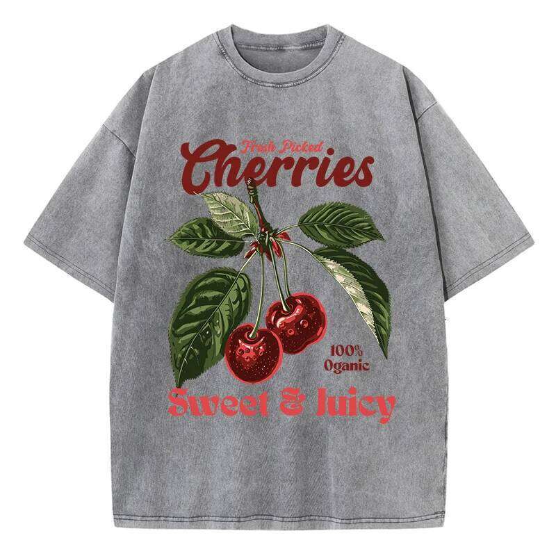 Fresh Picked Cherries Cottonwashed T Shirts Women Sweet Fruit Print T-Shirt Distressed Oversize O-Neck Tops Street Woman Clothes Z260312