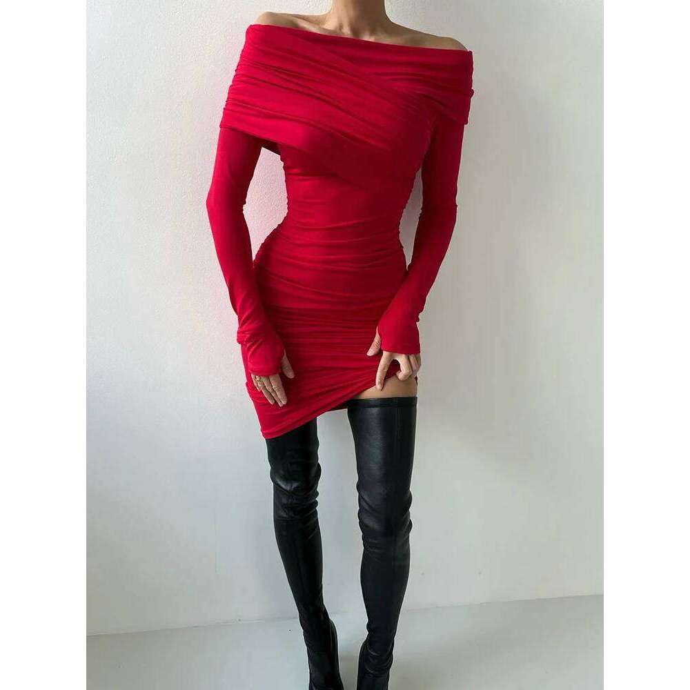 Ahagaga Elegant Fashion Sexy Maxi Dresses Streetwear Off Shoulder Casual Long Sleeve Slim Bodycon Party Vestidos Robes Female C260312