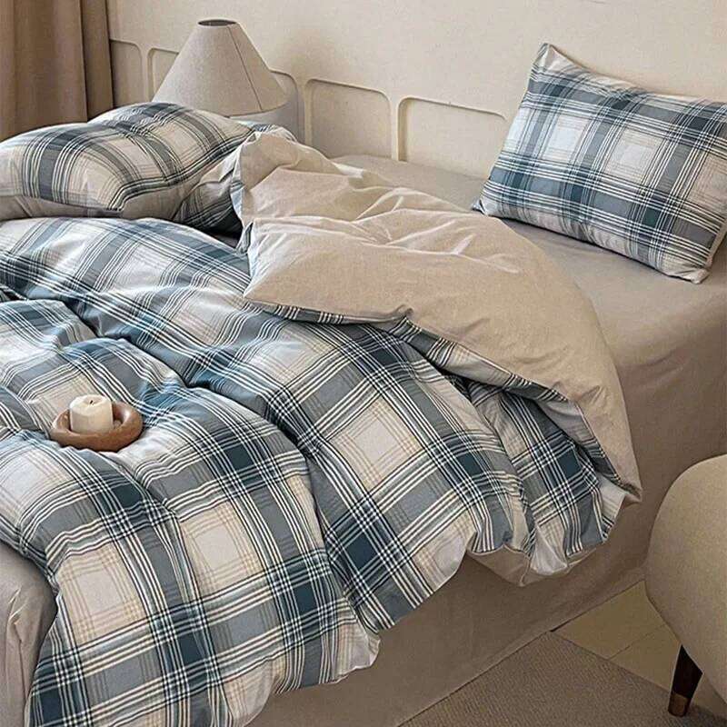 High Quality Grid Printed Flat Sheet Bedding Sets Light Cotton Soft Quilt Cover Single Double Bed Comfort Set for Adults H260312