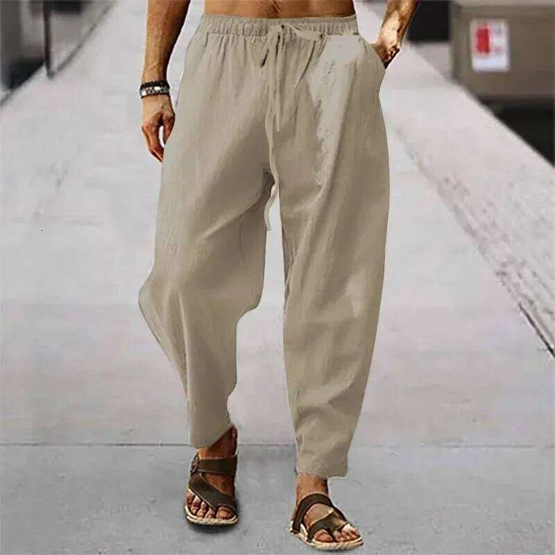 New Men Cotton Linen Summer and Autumn Solid High Waist Wide-Leg Trousers Male Loose Hemp Casual Breathable Sports Pants