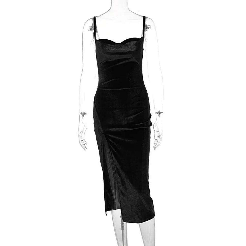 Hugcitar Velvet Swing Collar Sleeveless Slip Sexy Slit Maxi Dress 2025 New Fashion Evening Party Women Elegant Streetwear Y2K C260312