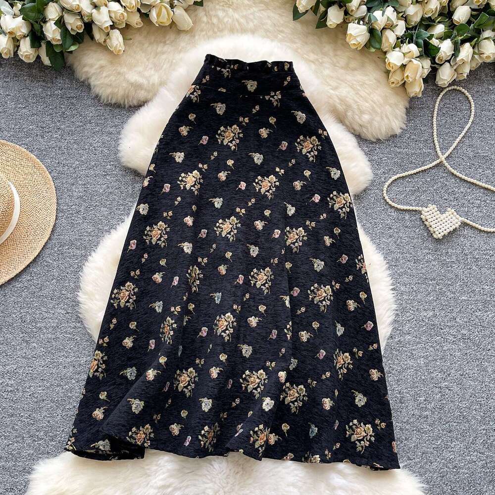 French retro printed women's a18 skirt 2026 autumn and winter high-end fashion high waist slimming elegant multifunctional A-line skirt