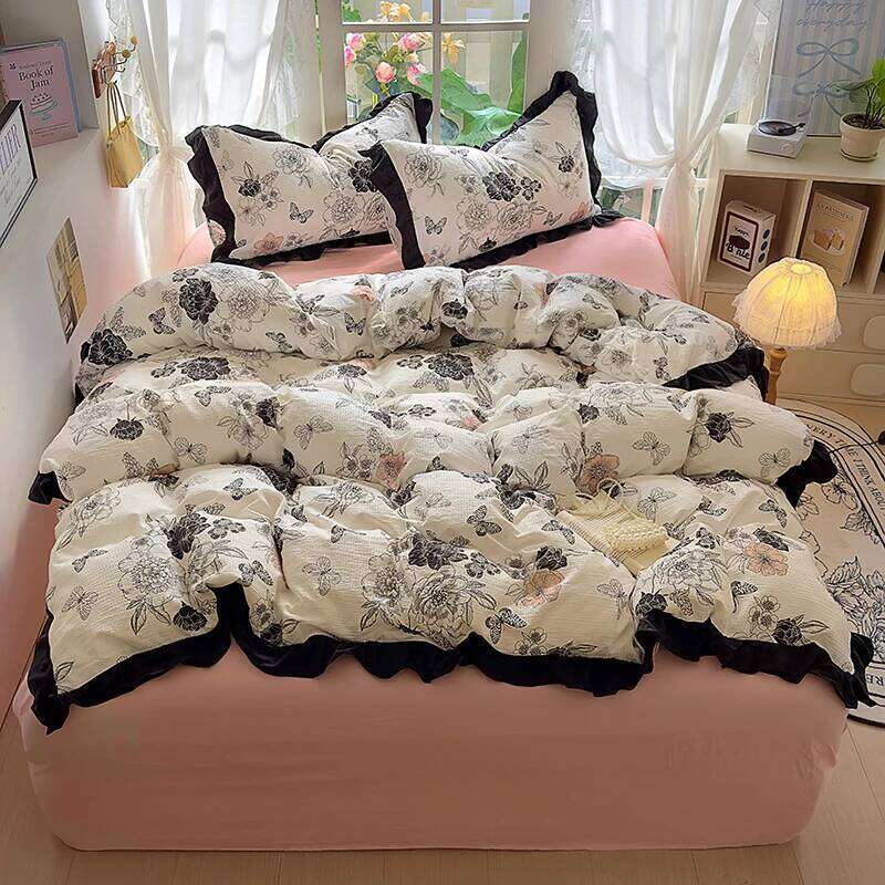 2025 New French Lace Wash Quilt Cover Korean-style Romantic Herben-style Black Print Four-piece Skin Friendly Bedding Set H260312