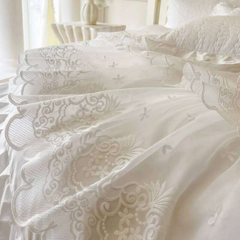 4/6Pcs Princess Wedding Bedding Set 600TC Egyptian Cotton Double Layer Lace Ruffles Duvet Cover Bed Skirt Bedspread Pillowcases H260312