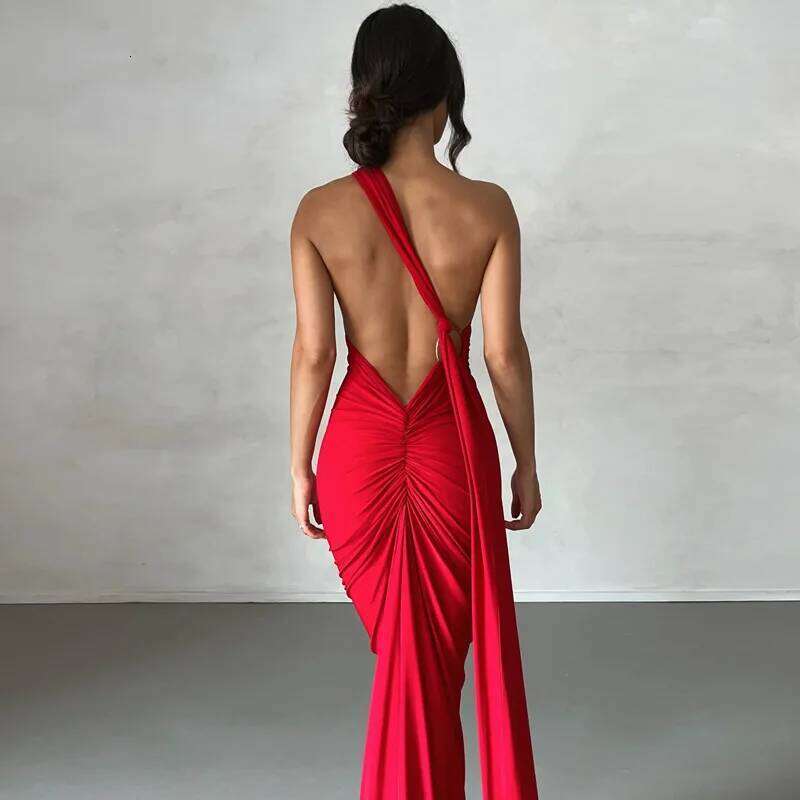Dulzura One Shoulder Backless Ruched Slim Ribbon Long Women Solid Sexy Elegant Dress Evening Party Club Prom Summer Outfit C260312