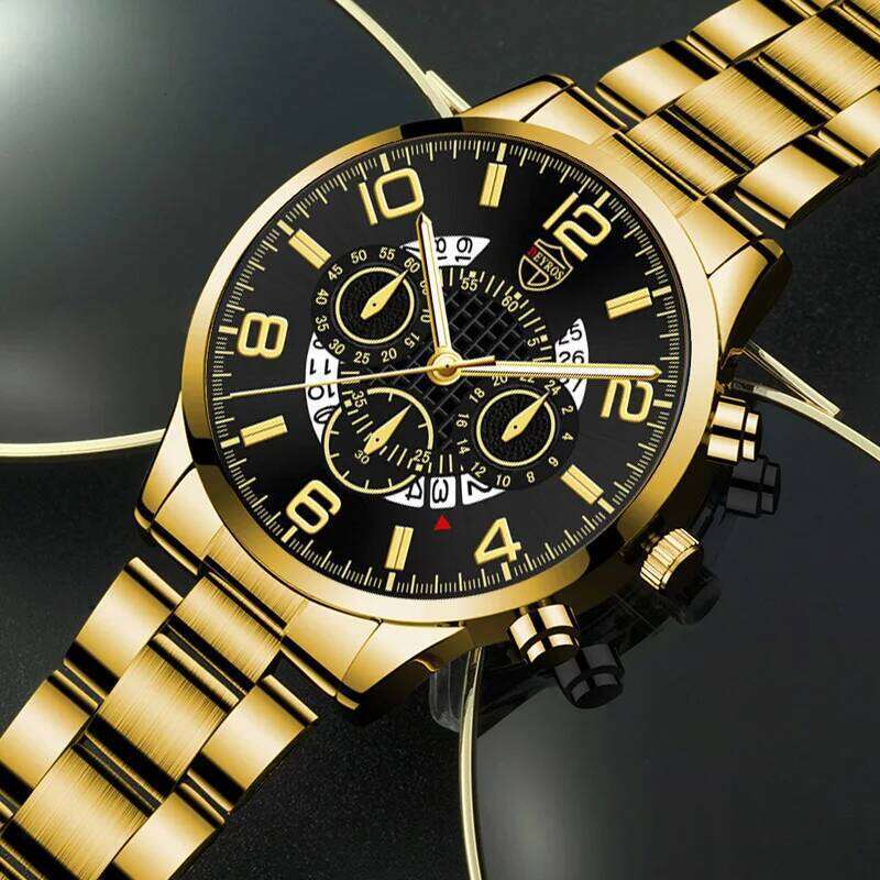 Men's Fashion 4pcs/set Quartz Watch with Date Function, Cuban Necklace, Ring and Bracelet, Thanksgiving Ideal Gifts for Men