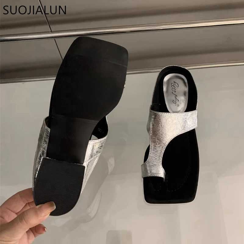 SUOJIALUN 2024 Summer New Women Slipper Fashion Gold Ladies Elegant Slides Square Low Heel Dress Casual Flip Flops Shoes K260312