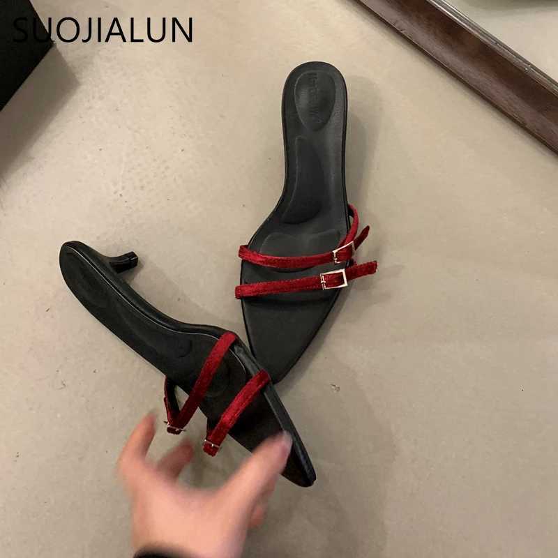 SUOJIALUN 2025 Summer New Women Slipper Fashion Narrow Band Ladies Elegant Slides Thin Low Heel Outdoor Dress Sandal Pumps Shoes K260312