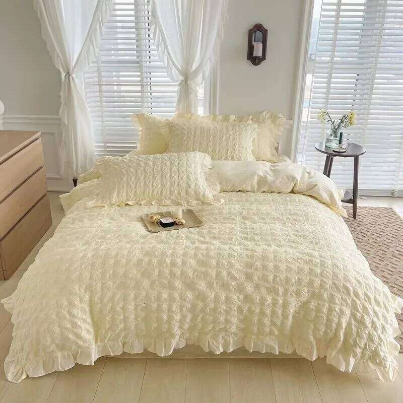 Korean Princess Yellow Bedding For Women Double Ruffle Lace Duvet Cover Full Queen Solid Color Comfortable Bed Sheet Set H260312