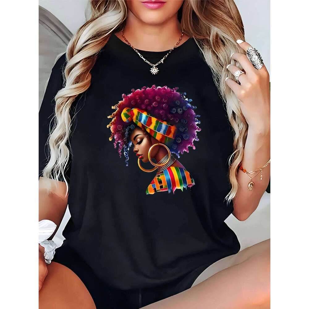 Women's African American Woman Afro Print T-Shirt for Festival Party Casual Wear Z260312