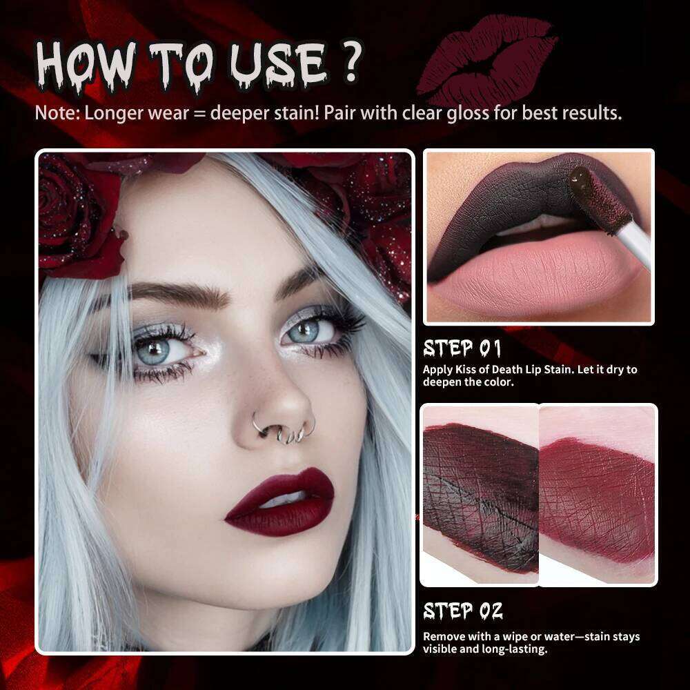 Lakerain Dark Black Long-lasting Dye High Color Liquid Gloss Color-changing Lip Glaze Gothic For Halloween Dance Party W260311