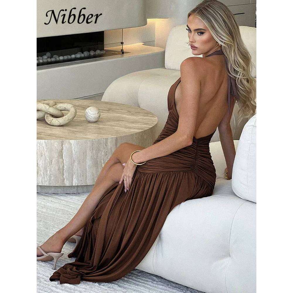 Nibber Elegant Women Long Dresses Solid Hipster Halter V-neck Backless Shirring Side Split Vestidos Female High Street New Robe C260312