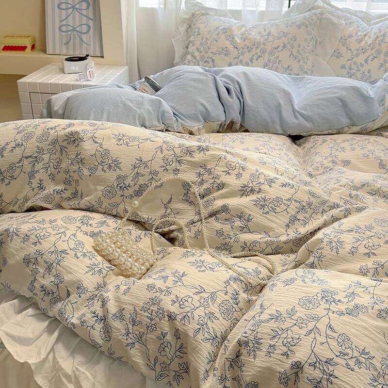 Floral print Korean style Princess Lace Bedding Duvet Cover Set Washed Cotton Flat Sheet set Queen For Girl Decor Home H260312
