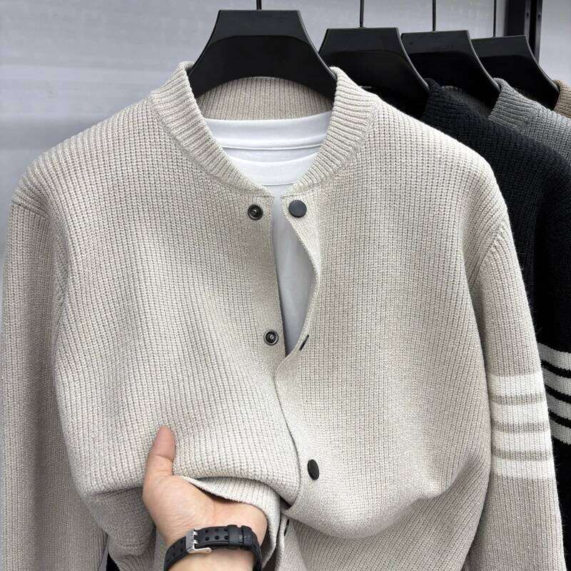 2025 Autumn/Winter Men's Fashion Striped Button-down Baseball Collar Versatile Casual Cardigan Sweater