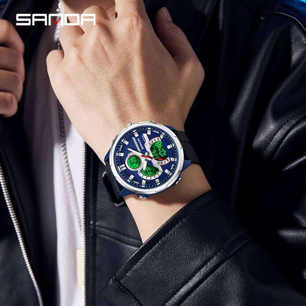 SANDA new 9077 men's sports multifunctional dual display waterproof LED night light student electronic watch