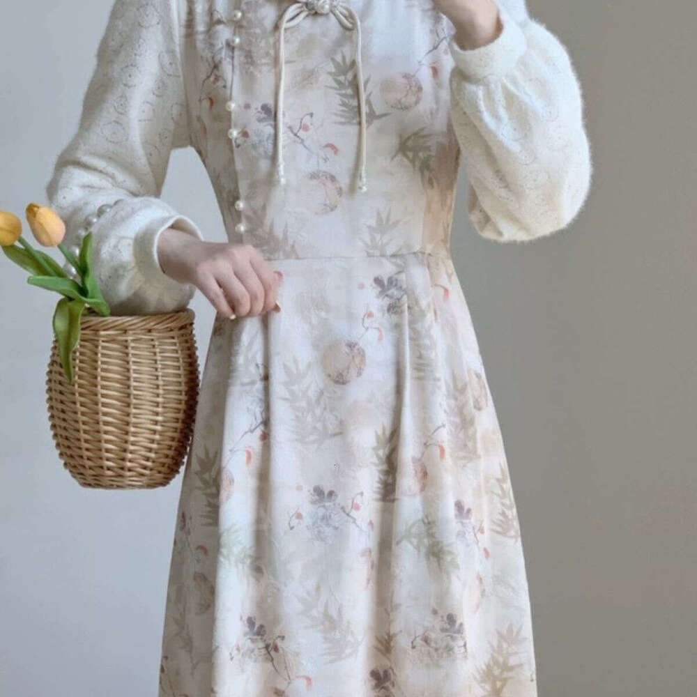 New Chinese-Style Floral Women, Autumn Winter New Model, With Added Fleece And Thickness, Suitable For Layering Under A Coat, Long Cheongsam Dress