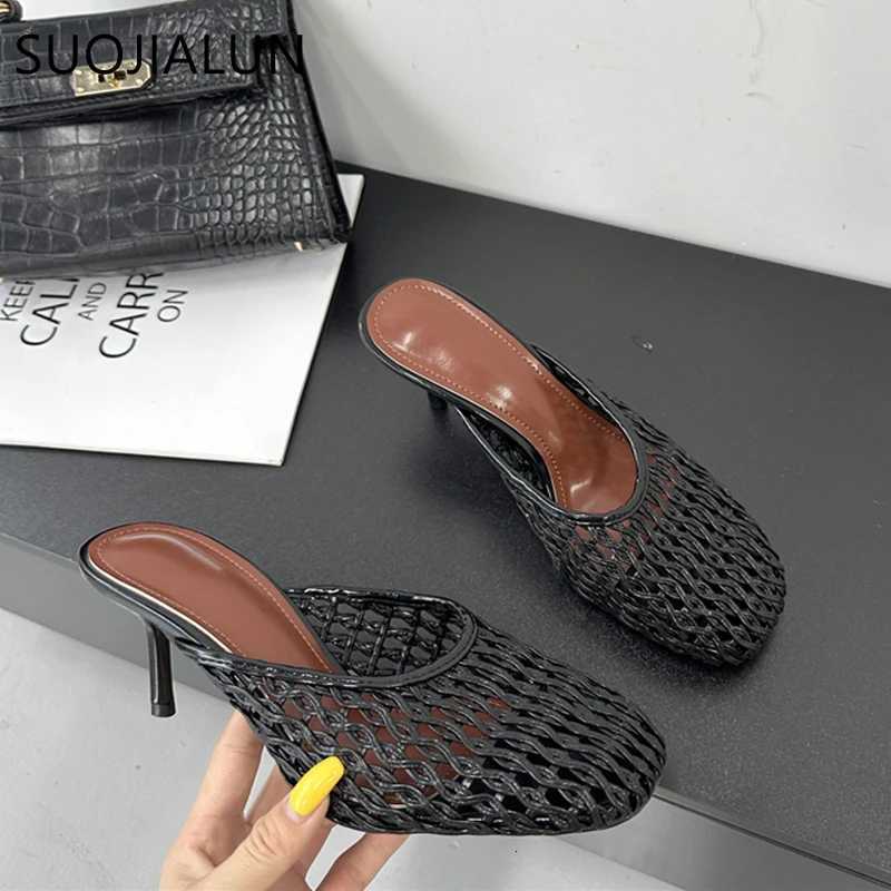 SUOJIALUN 2025 New Women Slipper Ladies Elegant Round Toe Slip On Mules Shoes Fashion Weave Thin High Outdoor Dress Sandal K260312