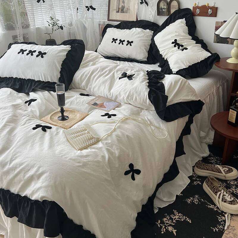 Korean Princess Style Kawaii Girl Black Bow Bedding Skin-friendly Soft Duvet Cover Set Sheet Or Bed Skirt Pillowcases H260312
